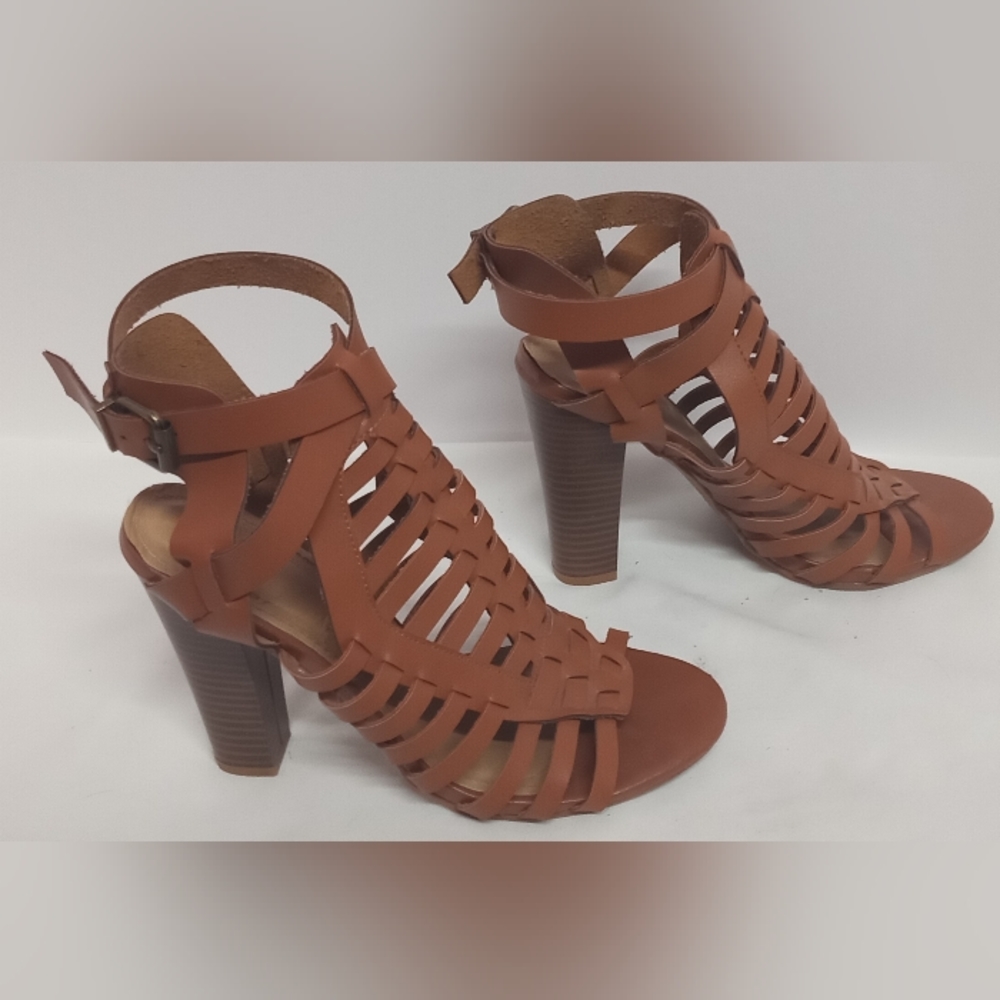 SCHLEKH PEEP TOE, SLINGBACK SUMMER WOODEN BLOCK 4.5" HEEL SANDALS SIZE 7.5